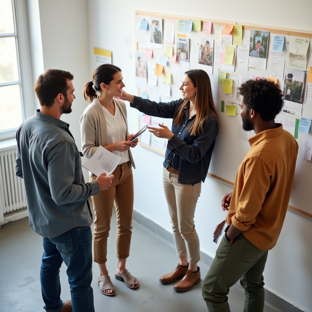 Workshop participants examining product images and price tags pinned to a board, discussing consumer signalling in a bright collaborative space