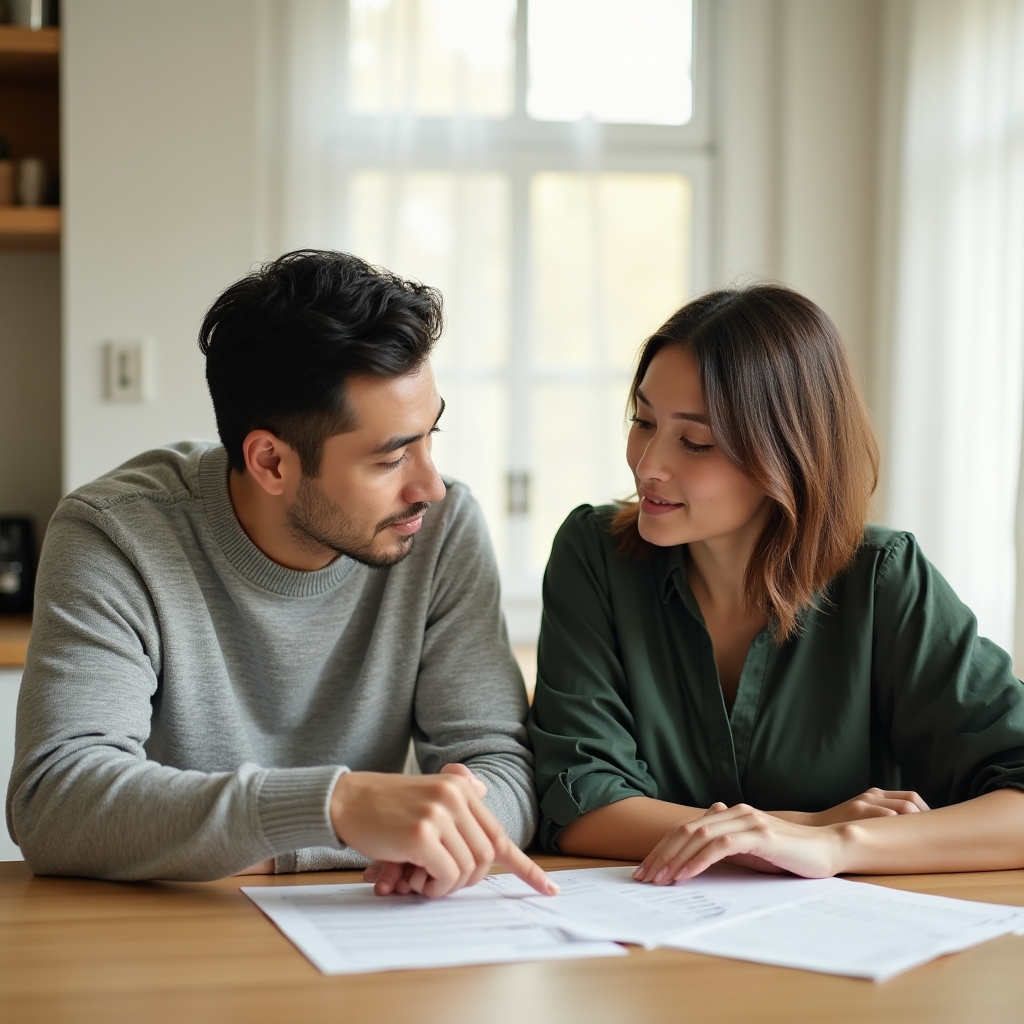 Couple in their late 30s sitting at a kitchen table, reviewing documents together with open and engaged expressions