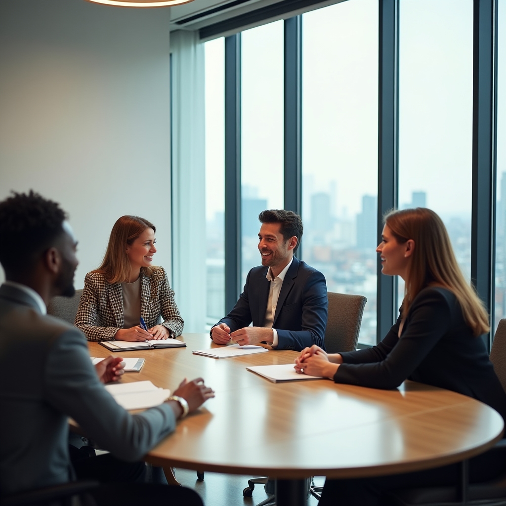 Small group of adults in discussion around a table, engaged in a focused financial conversation