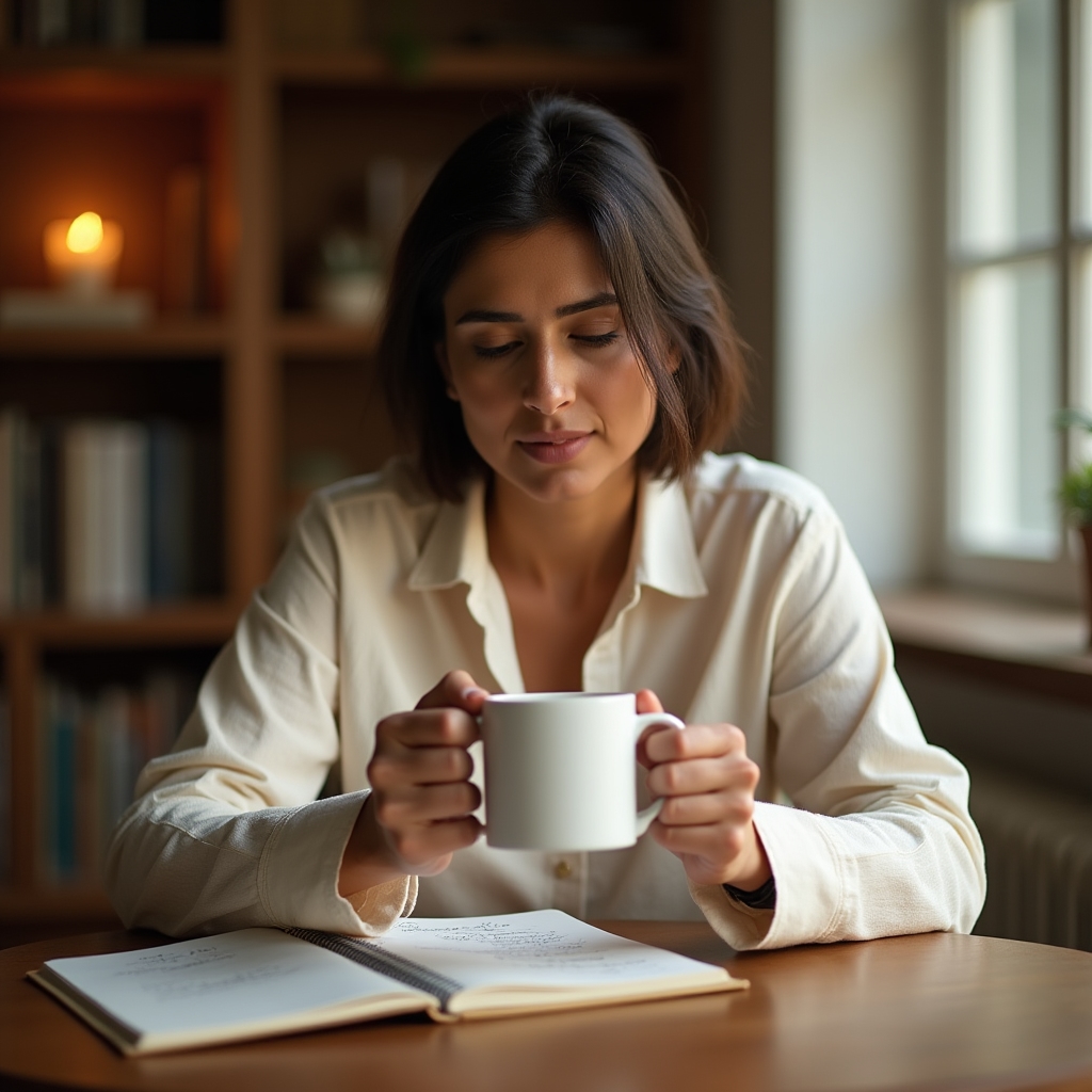Person sitting at a table, reflecting on personal spending habits with a notebook and coffee