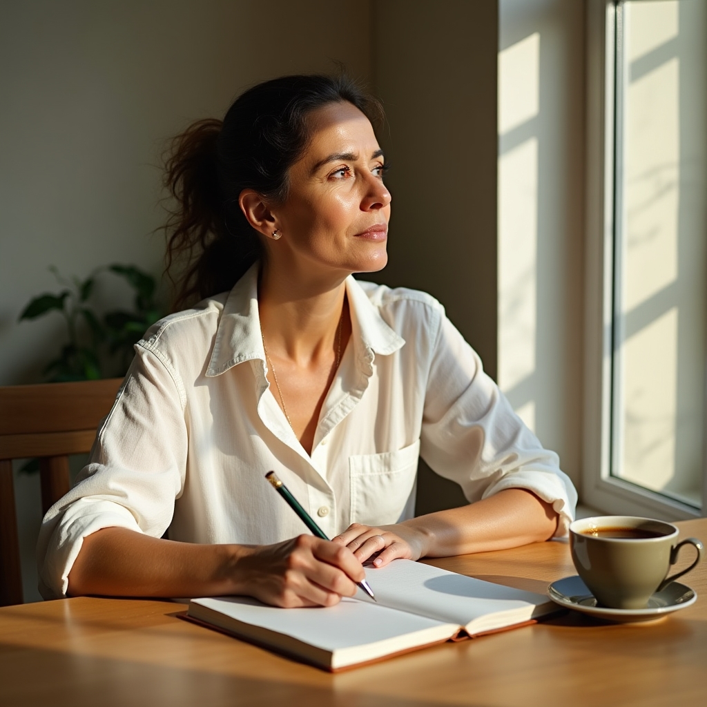 Person sitting quietly at a wooden desk with a journal open, writing thoughtfully in warm afternoon light, a cup of tea nearby
