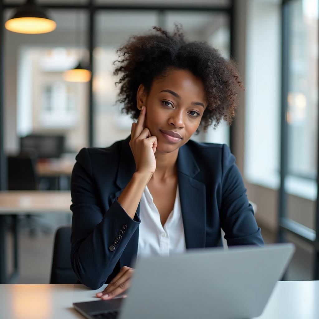 Mid-30s professional woman sitting at a desk, looking thoughtfully at her laptop screen in a modern office setting