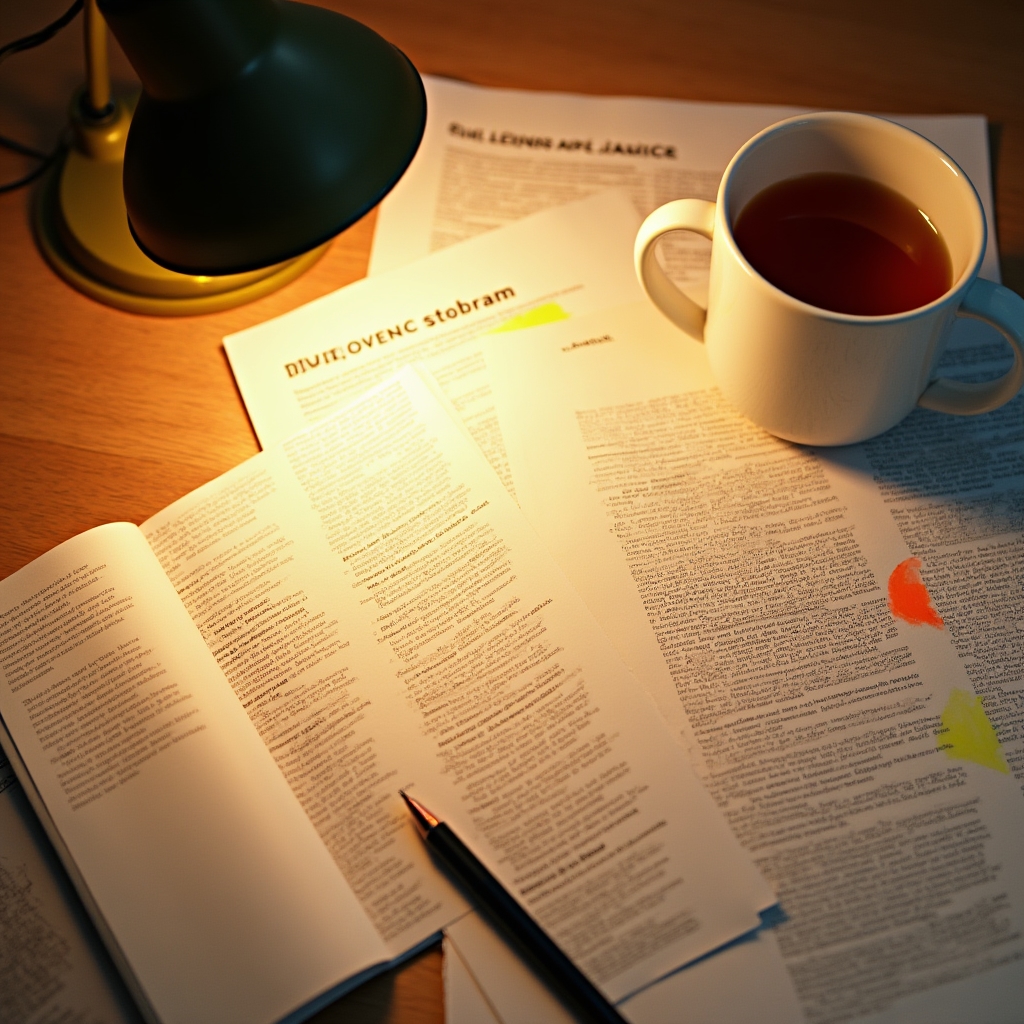 Close-up of research notes and highlighted academic papers on a desk, representing evidence-based course development