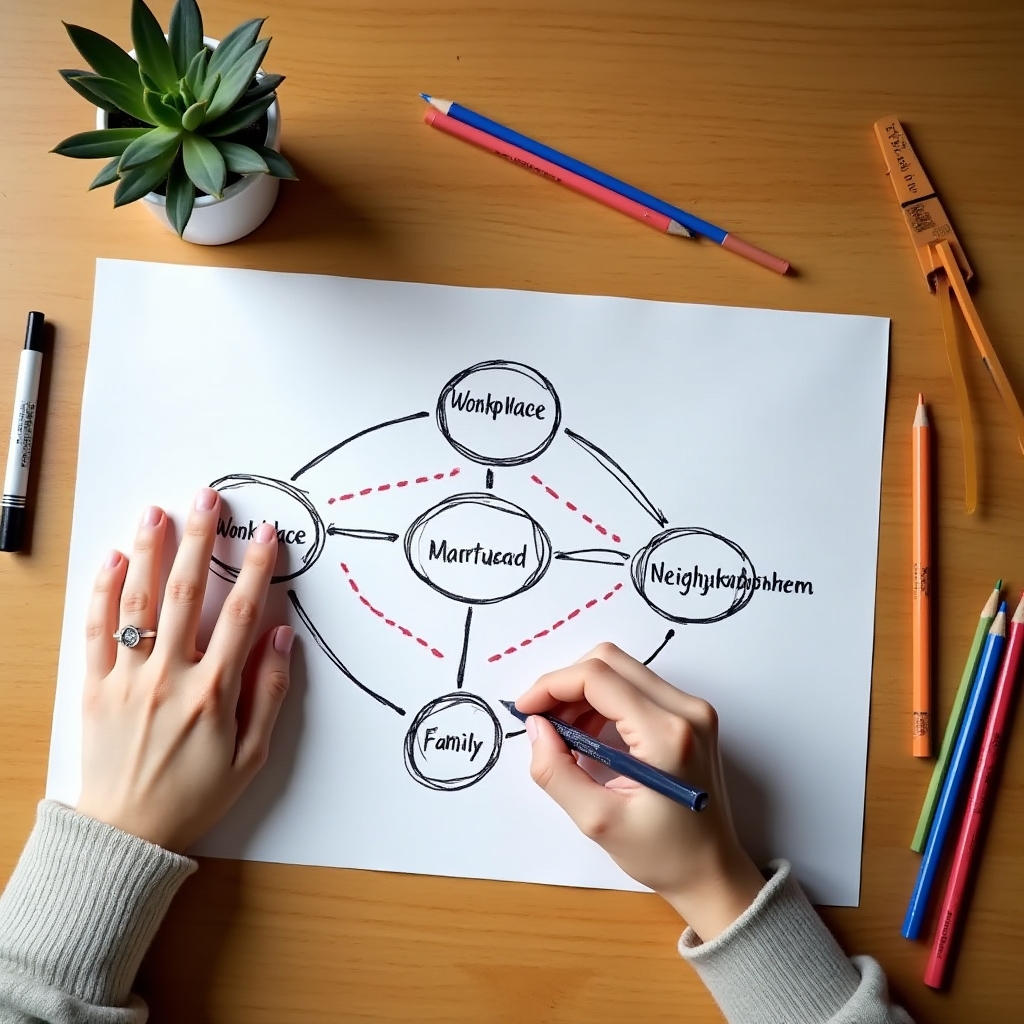 Overhead view of a person drawing a social network diagram on large paper, mapping different social environments and their connections