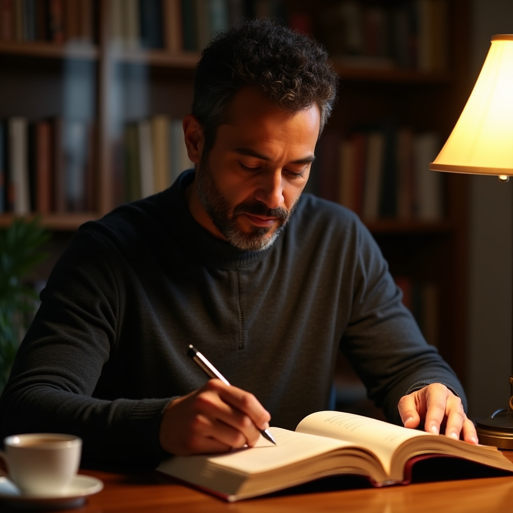 Person in their early 40s studying at a home desk surrounded by books and a warm lamp, concentrated and focused