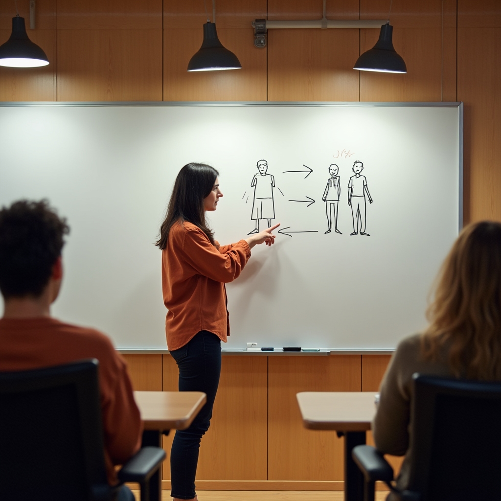 Presenter at a whiteboard with a diagram illustrating social comparison mechanisms, seen from a participant's perspective in a modern seminar room